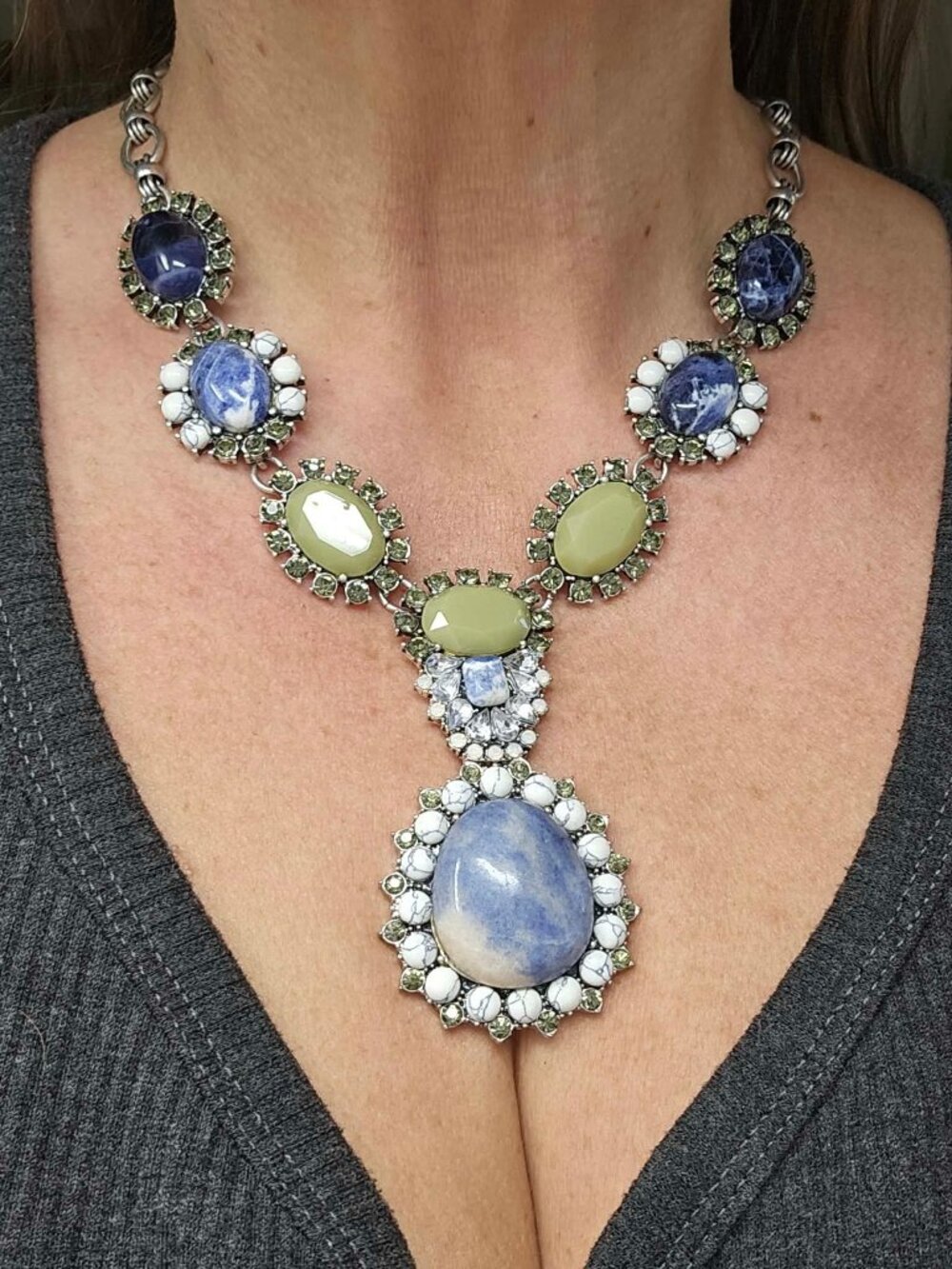 Joan Rivers Blue & Green Cabachon & Rhinestones Statement Necklace Silver Tone
